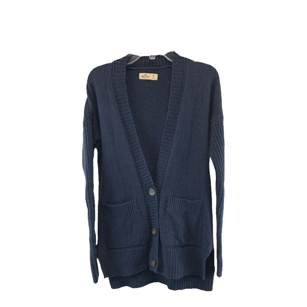Hollister Womens Cardigan Sweater Navy Knit 3 Buttons Pockets V-Neck Size Medium